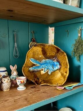 Pottery Bowl Blue Koi Fish Signed Hobbyist Folk Art Quirky Eclectic
